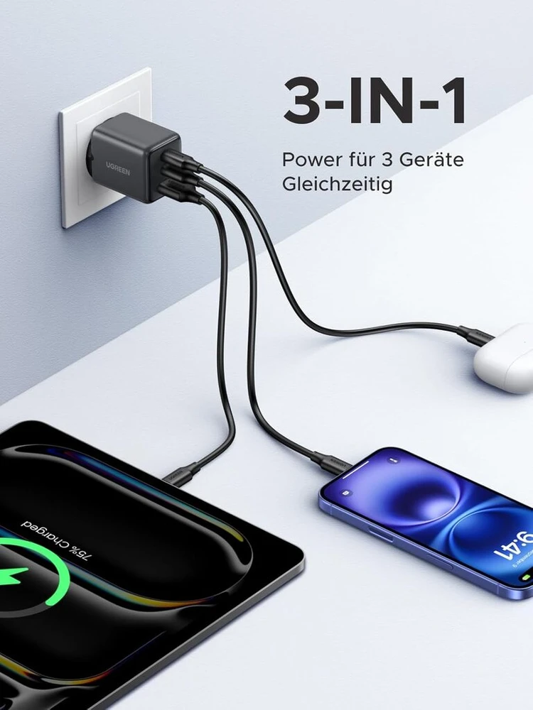 Ugreen usb c įkroviklis 30 w 3 prievadų gan ii maitinimo šaltinis iphone adapteris pd greitasis įkroviklis suderinamas su iphone 16, 16 pro max, 15, 14, 13, 12, ipad, galaxy s24, s23, pixel 9
