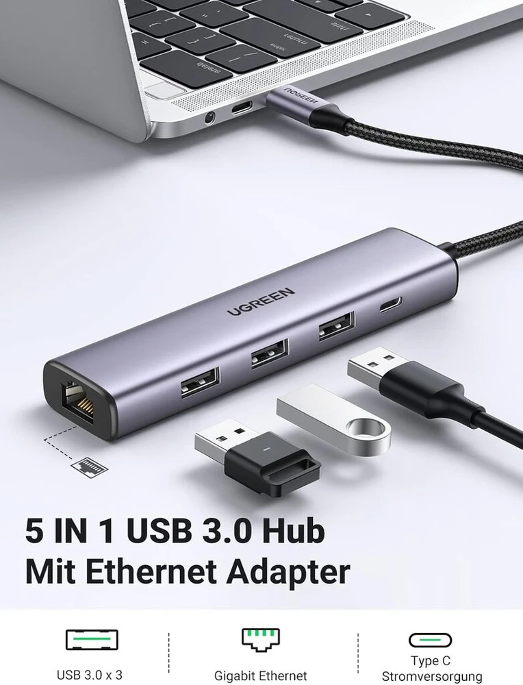 Ugreen usb šakotuvas ethernet adapteris gigabitinis lan adapteris su 3 usb 3.0 prievadais 1000 mbps usb tinklo adapteris su aliuminio korpusu, pintas kabelis plug & play windows 11/10/8, mac os