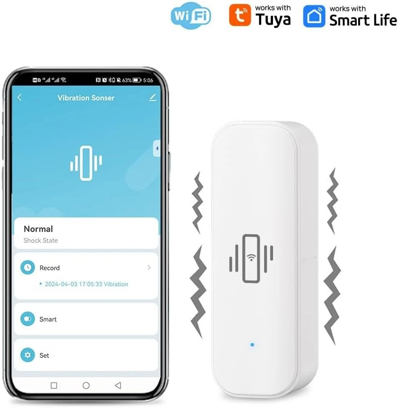 Uhppote 2.4ghz Wifi vibracijos jutiklis smūgio aliarmo detektorius durims langams stalčiui veikia su Tuya programėle