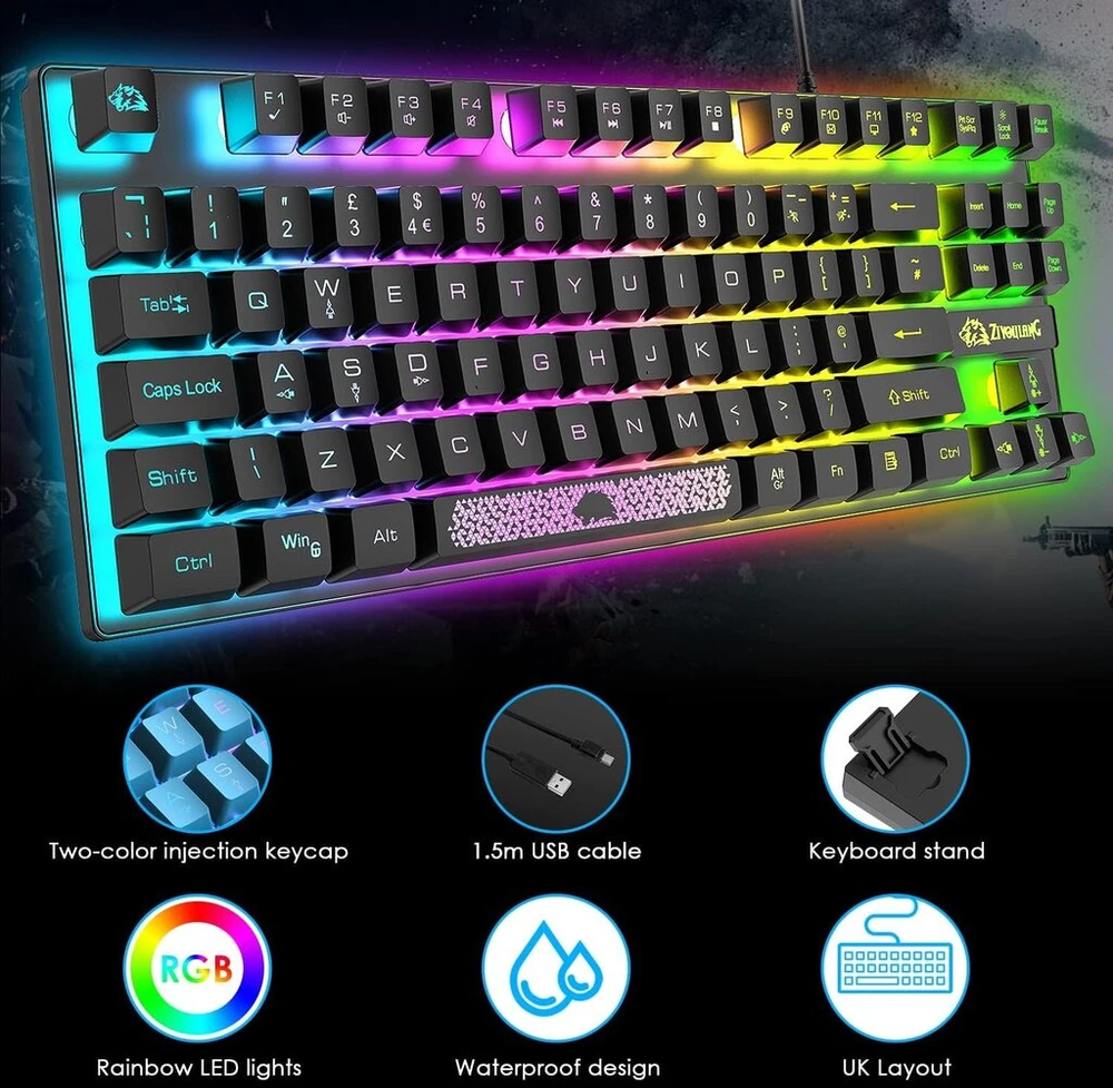 Uk išdėstymo 80% žaidimų klaviatūra ir pelė laidinė rgb mechaninė klaviatūra + 6400 reguliuojamo dpi žaidimų pelė su apšviestais klavišų gaubteliais, skirta ps4 ps5 XBOX pc nešiojamam kompiuteriui mac (mėlyna)