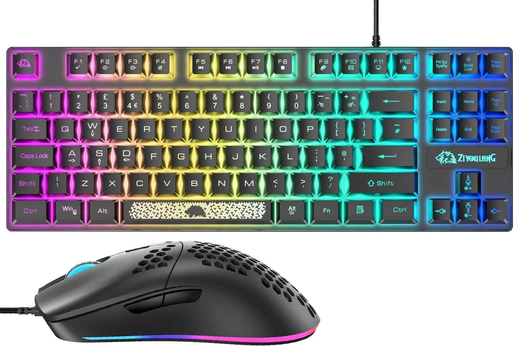 Uk išdėstymo 80% žaidimų klaviatūra ir pelė laidinė rgb mechaninė klaviatūra + 6400 reguliuojamo dpi žaidimų pelė su apšviestais klavišų gaubteliais, skirta ps4 ps5 XBOX pc nešiojamam kompiuteriui mac (mėlyna)