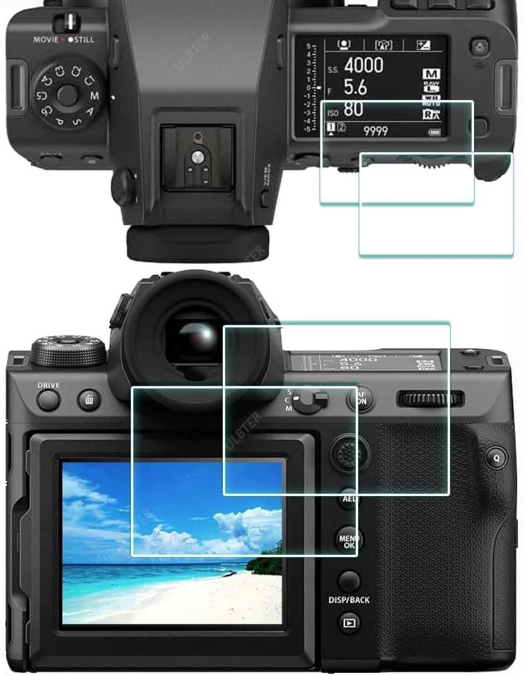 Ulbter fujifilm gfx 100 ii fuji gfx100 ii lcd + viršutinė plėvelė [2+2 vnt.] grūdinto stiklo ekrano apsauga 0,3 mm 9h kietumas, atspari įbrėžimams, pirštų atspaudams, be burbuliukų