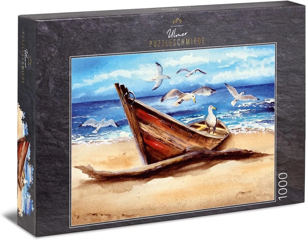 Ulmer Puzzleschmiede – dėlionė Driftwood – 1000 detalių dėlionė kaip kraštovaizdžio paveikslas su jūros garsais – sena medinė valtis numirė ir guli kaip jūros paukščių nusileidimo vieta smėlio paplūdimyje