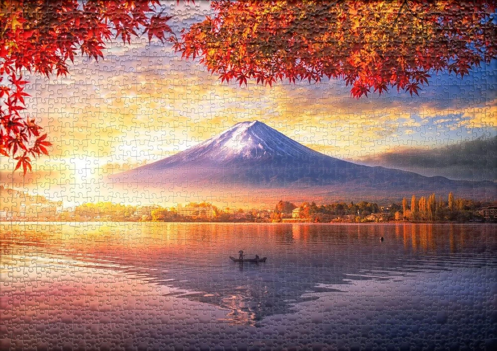 Ulmer Puzzleschmiede - dėlionė "kawaguchiko am Fuji" - klasikinė 1000 dalių dėlionė - kraštovaizdžio motyvas su Fudzijamos kalnu, atsispindinčiu rudeniniame Kawaguchiko ežero veidrodyje, Japonija
