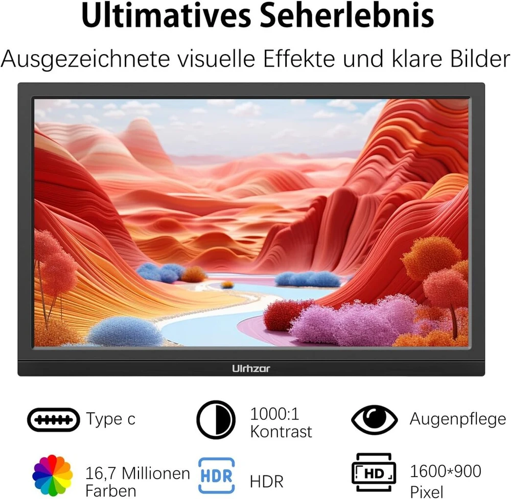 Ulrhzar nešiojamas monitorius 17.3 colių 1600 x 900 ekranas 60hz Usbc kelioniniai Hdmi monitoriai su garsiakalbiais nešiojamam kompiuteriui, Pc, telefonui, Ps4/5, nešiojamas monitorius