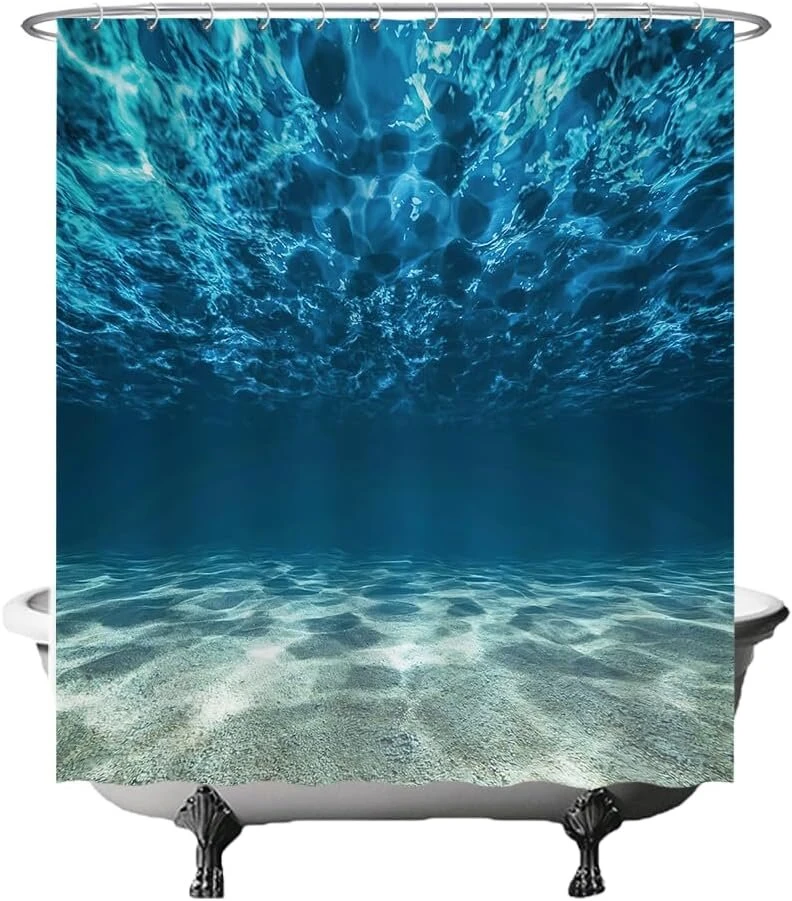 Ulticool dušo užuolaida - vandenyno jūra, ramybė, nardymas, akvariumas, paplūdimys, vasara - atspari pelėsiui - 180 x 180 cm - skalbiama - vandeniui atspari - su 12 žiedų - mėlyna