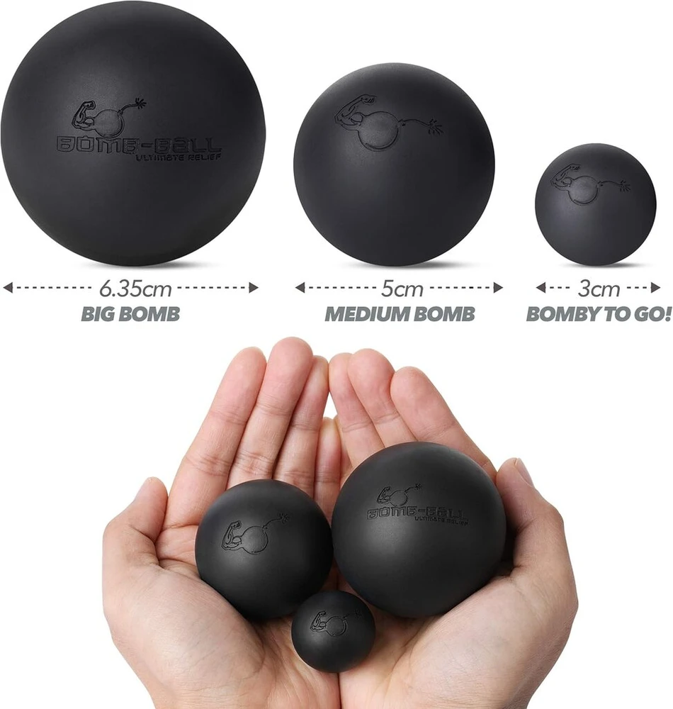 Ultimate Relief Bomb Ball juodas masažinis kamuoliukų rinkinys – fascia + lacrosse kamuoliukai skirti raumenų atpalaidavimui, savimasažui, fascia treniruotėms + trigerinių taškų terapijai