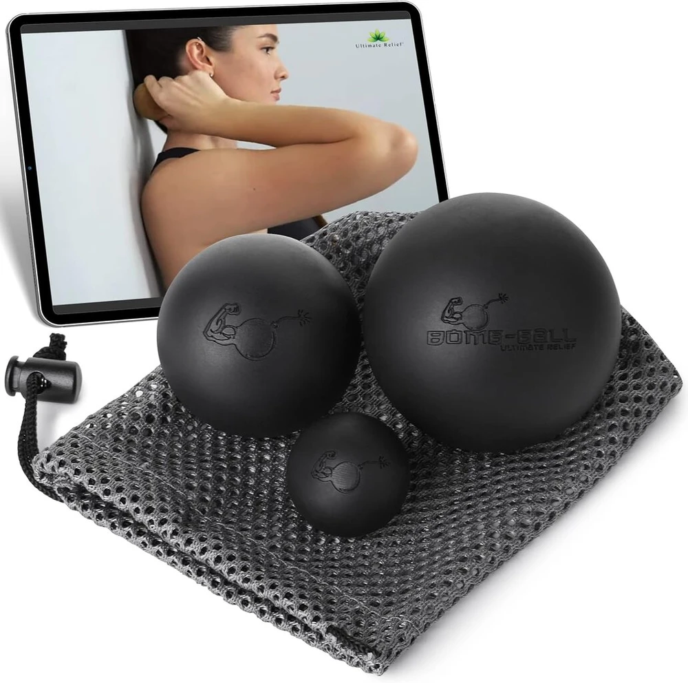 Ultimate Relief Bomb Ball juodas masažinis kamuoliukų rinkinys – fascia + lacrosse kamuoliukai skirti raumenų atpalaidavimui, savimasažui, fascia treniruotėms + trigerinių taškų terapijai