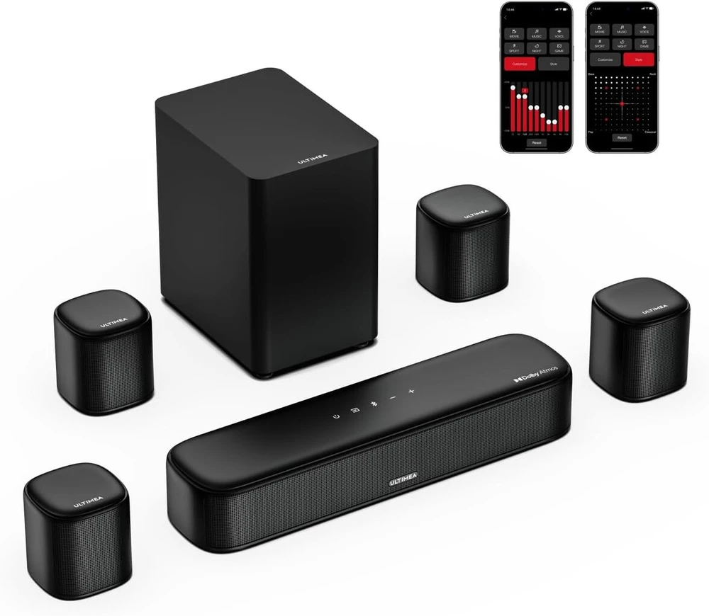 Kompiuterio kolonėlės Ultimea 7.1ch garso juosta su Dolby Atmos, 3d erdvinio garso sistema namų kinui su 4 erdvinio garso kolonėlėmis, programėlė, namų kino garso sistema, televizoriaus garso juosta su žemų dažnių garsiakalbiu, Hdmi Earc, Bluetooth 5.3, Aura