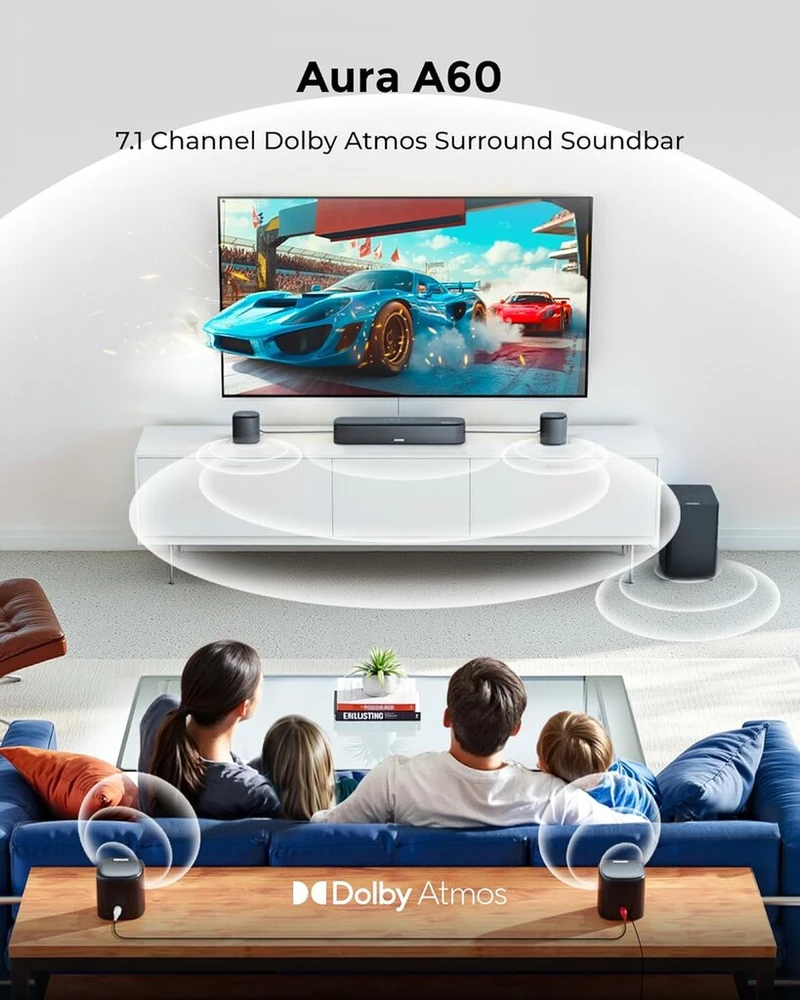 Kompiuterio kolonėlės Ultimea 7.1ch garso juosta su Dolby Atmos, 3d erdvinio garso sistema namų kinui su 4 erdvinio garso kolonėlėmis, programėlė, namų kino garso sistema, televizoriaus garso juosta su žemų dažnių garsiakalbiu, Hdmi Earc, Bluetooth 5.3, Aura