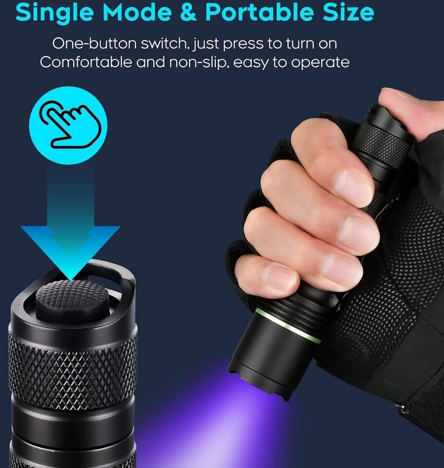 Ultrafire uv žibintuvėlis 395nm led juoda šviesa, vieno režimo ultravioletinė lempa uv šviesa, skirta dervos kietinimui, uv klijams, naminių gyvūnų šlapimo dėmėms, skorpionų aptikimui