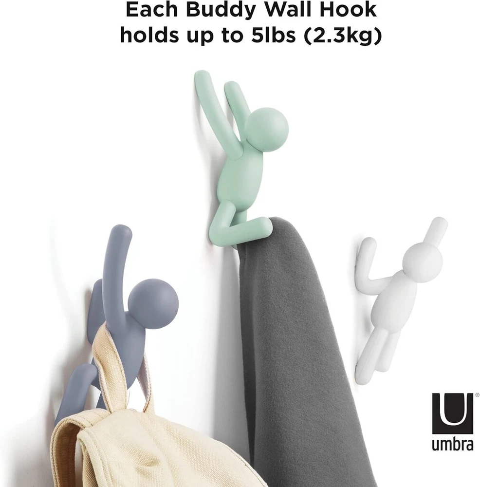 Umbra Buddy kabliukai, dekoratyviniai sieniniai kabliukai paltams, šalikams, krepšiams, kuprinėms, rankšluosčiams ir kt., 3 vnt. rinkinys, įvairių spalvų