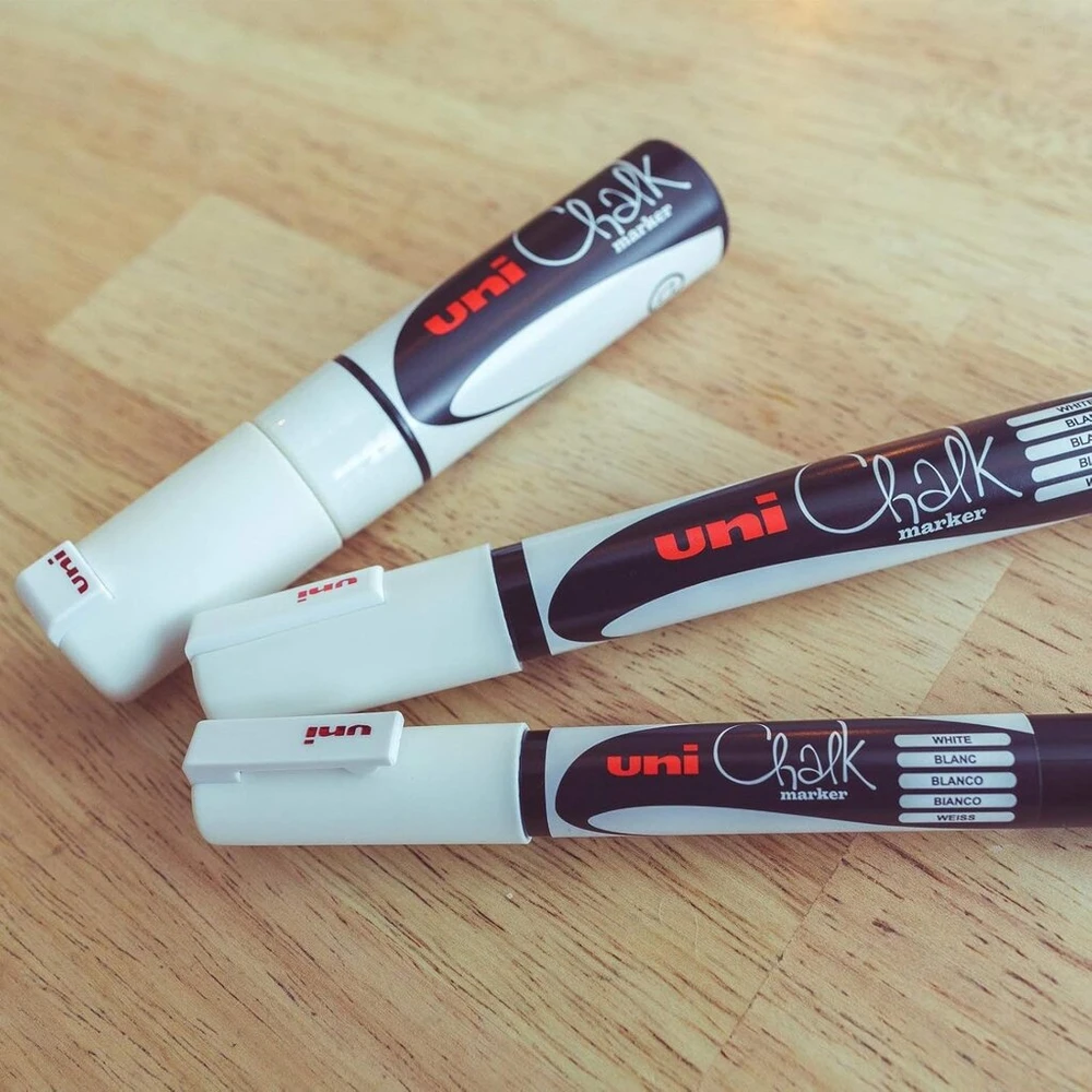 Uni Mitsubishi Pencil Uni Ball - Uni Mitsubishi Pieštukas - kreidinis žymeklis Pw3 - universalus - atsparus lietui - idealus stiklui, veidrodžiui, lentai - 5 vnt. pakuotė - balta, didelis nuožulnus galiukas