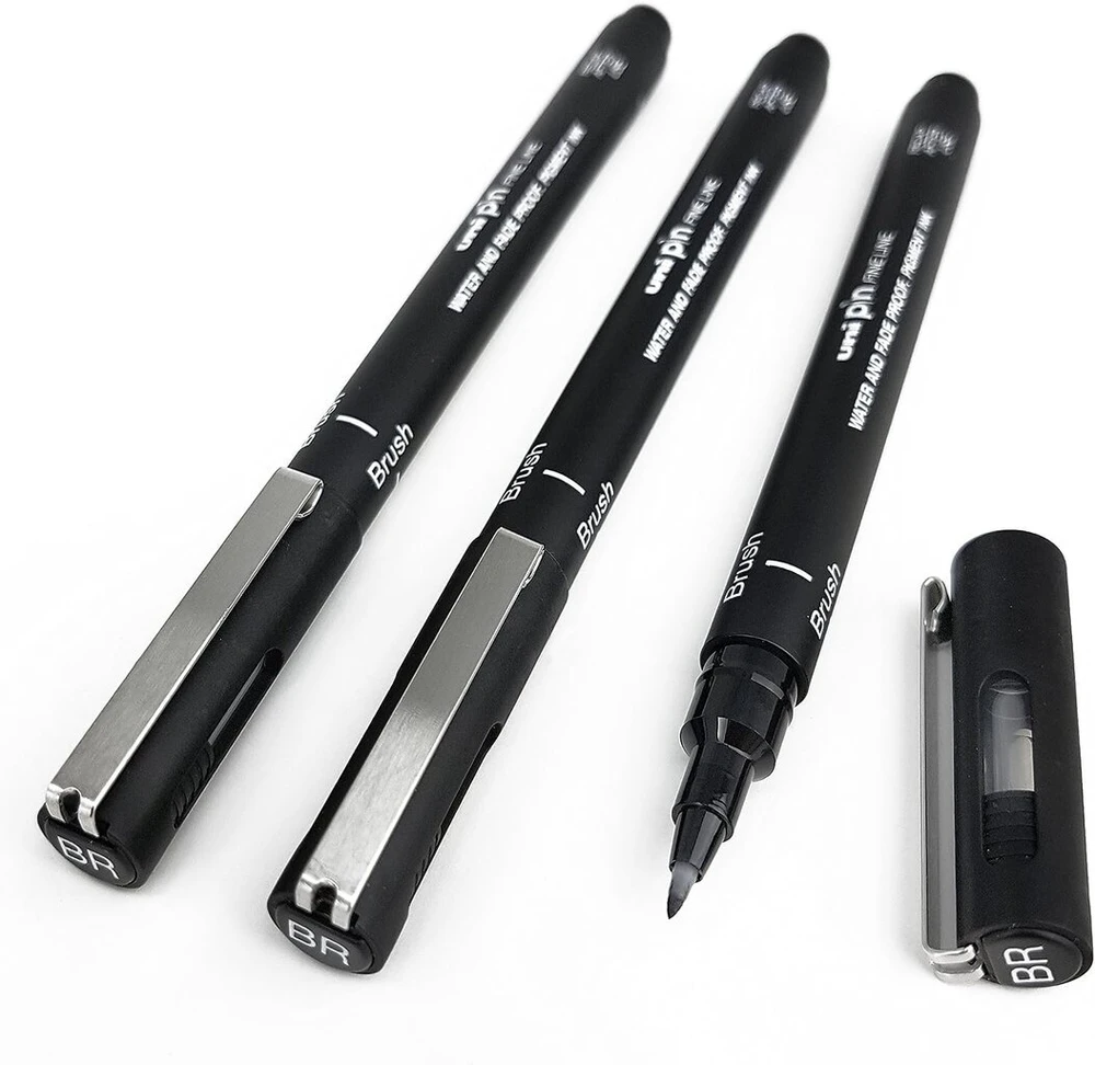Uni Pin 6 x Fineliner pieštukas braižymui, juodas, su teptuko galiuku