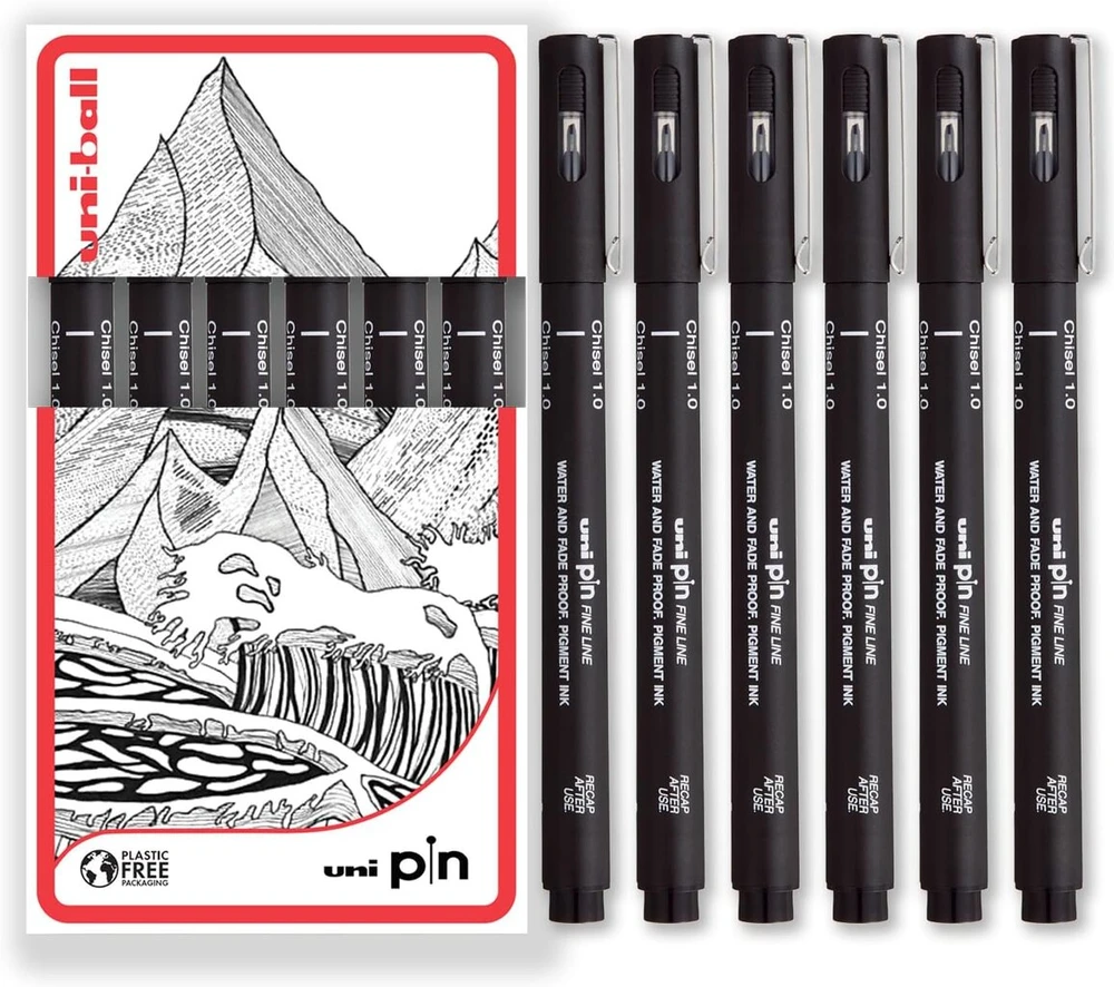 Uni Pin Fineliner braižymo rašikliai su plokščiu galiuku, juodas rašalas, 1,0 mm galiukas, 6 vnt., supakuoti į dovanų dėžutę