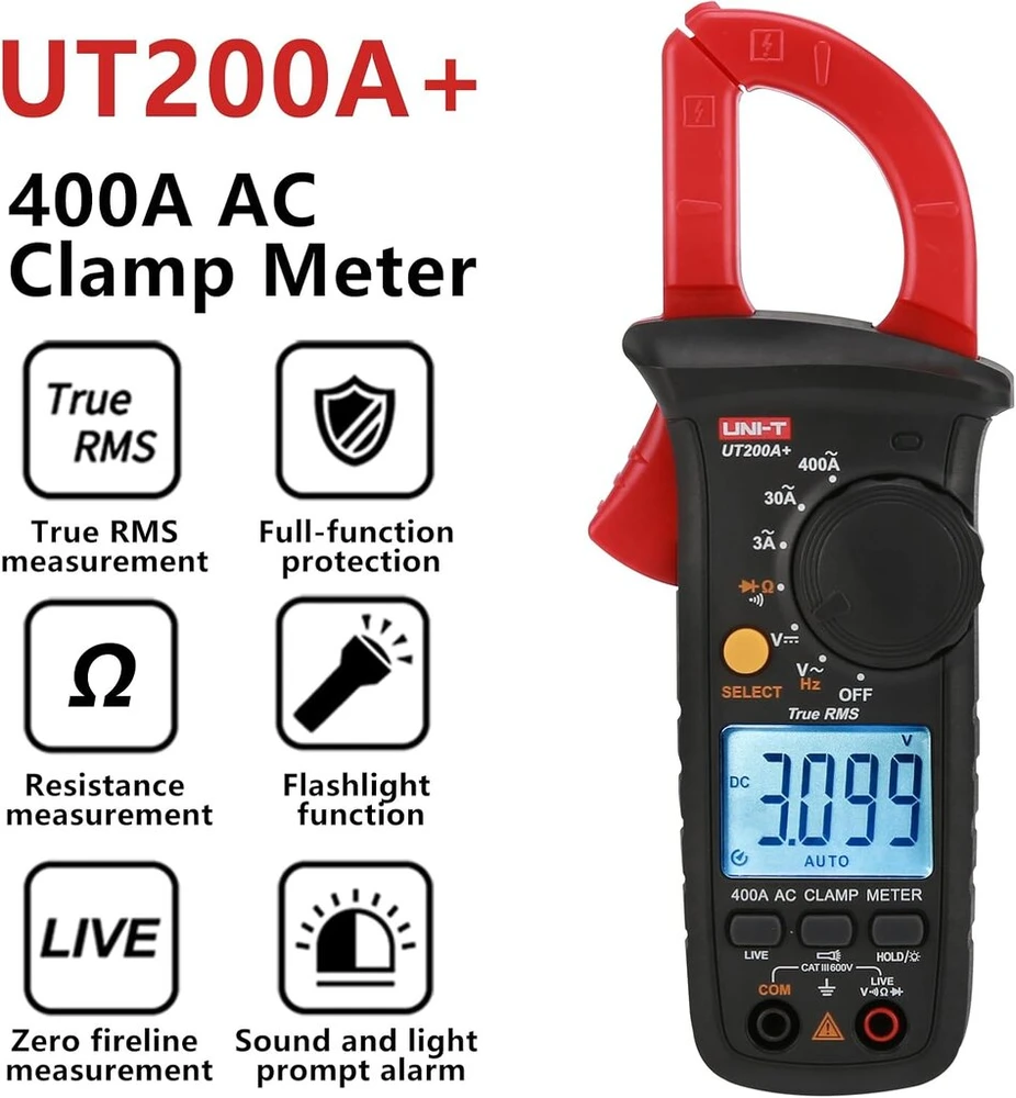 Uni-t Ut200a+ Skaitmeninis srovės matuoklis Ac/dc 600v įtampos gnybtų multimetras True Rms ir laikomas ampermetras srovės gnybtų replės