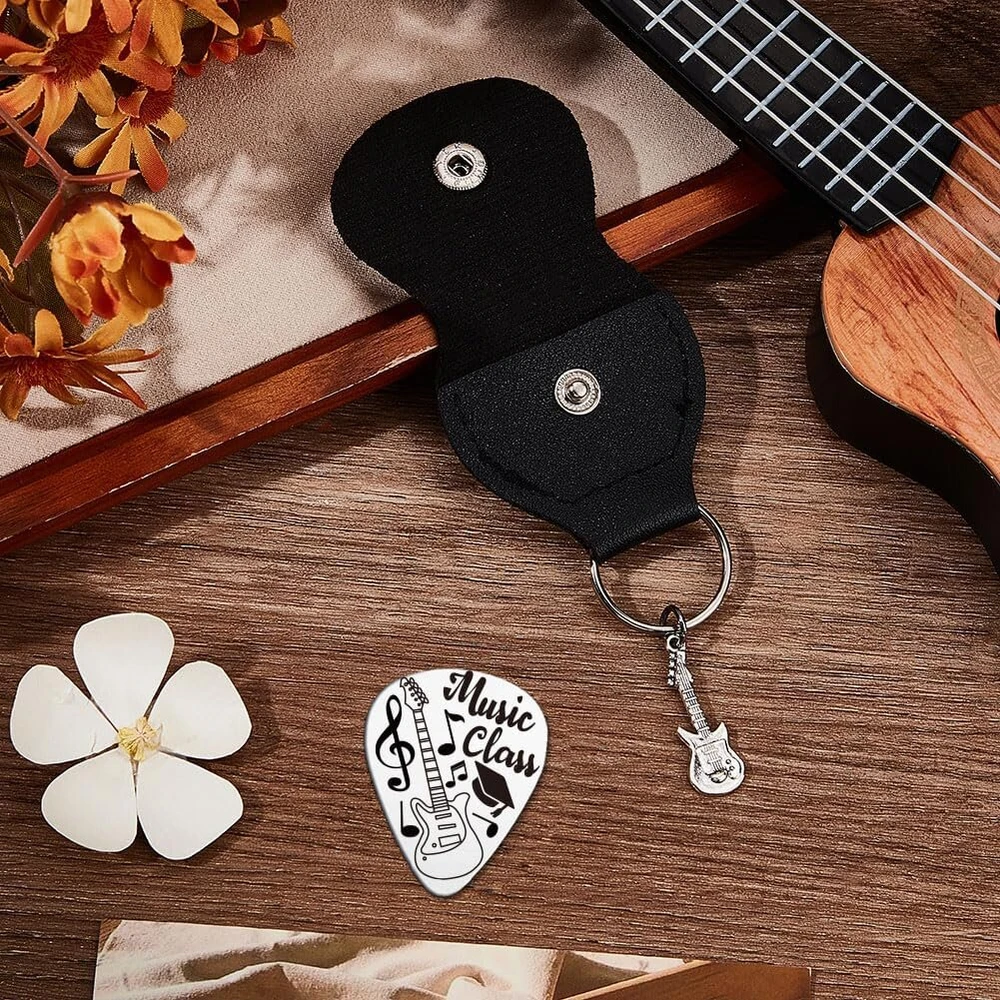 Unicraftale 1 gitaros mediatoriaus dovana, nerūdijančio plieno muzikos mokymosi gitaros mediatoriaus personalizuotas muzikos mokymo mediatorius su pu odiniu dėklu, gitaros priedai, muzikanto grotuvo plektrinis