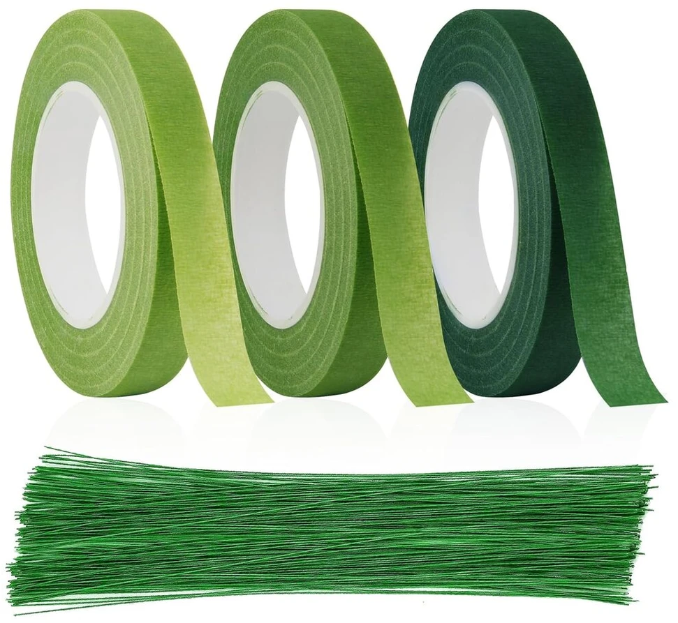 Uningyi 3 ritės floristinės juostos, 100 vienetų floristinės vielos floristinė maskavimo juosta floristinė viela žalia įstatoma viela, gėlių stiebų viela puokštėms ir gėlių amatams vynioti (27 m ritė)