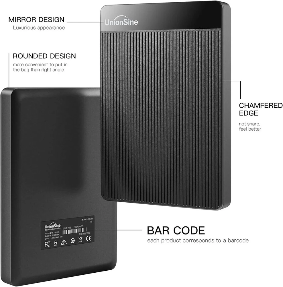Unionsine išorinis kietasis diskas 500gb itin plonas nešiojamas 2.5 colio Usb 3.0 Sata kietojo disko saugykla, skirta Pc, Mac, Tv, Wii U, XBOX, Ps4 (juodas) Hd2510