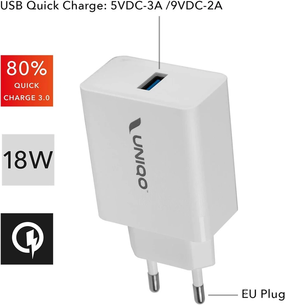 Uniqo 18 W greito įkrovimo 3.0 sieninis įkroviklis, Usb jungtis greitam įkrovimui, iki 80% išmaniojo telefono įkrovimo per 30 minučių, Eu kištukas