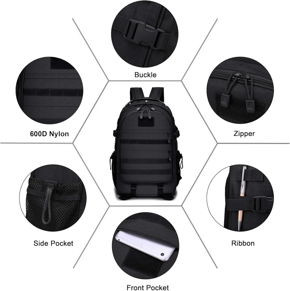 Unisex karinis kuprinė Molle, taktinis, motociklinis, žygiams, lauko, medžioklės, universiteto, vandeniui atsparus žygio dienos krepšys, 25 litrai nailono, B30-45l-juodas