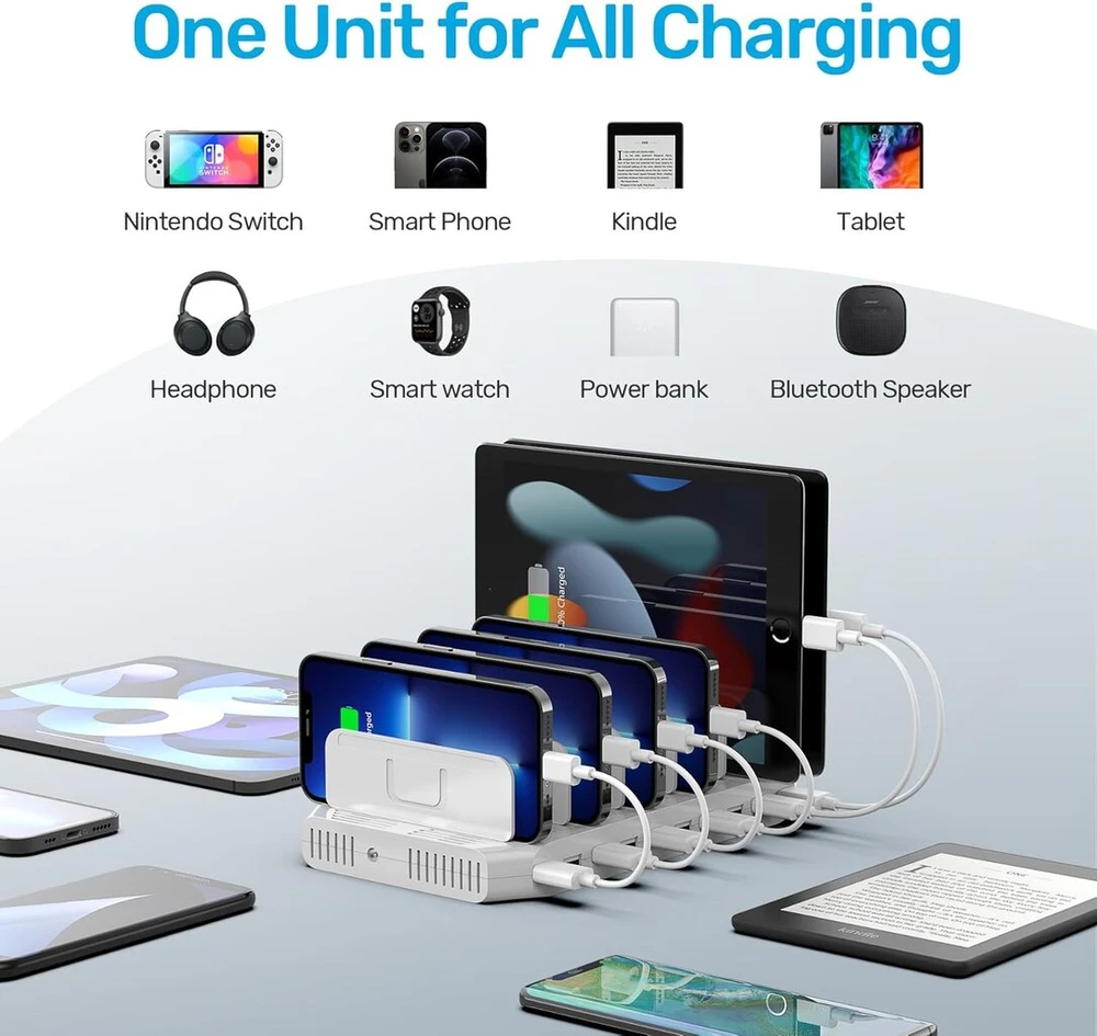 Unitek 60 W mobiliųjų telefonų įkrovimo stotelė su 10 prievadų, Usb įkrovimo stotelė keliems įrenginiams su Smartic technologija ir reguliuojamu skyriklis planšetiniams kompiuteriams ir kitiems Usb įrenginiams