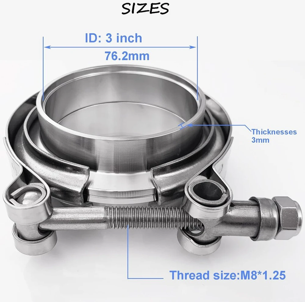 Universali 76 mm v formos apkabos komplektas su vyrišku ir moterišku flanšu nerūdijantis plienas 304, turbo wastegate apkabos flanšo komplektas universalus (v formos apkaba su flanšu, 76 mm 3 coliai)