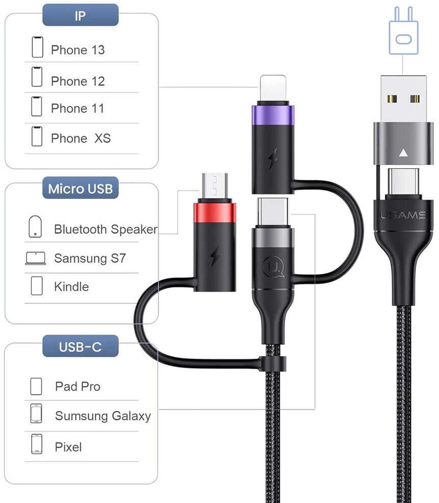 Universalus 6-in-1 Usb-c įkrovimo laidas, 60w, 2m, pilkas