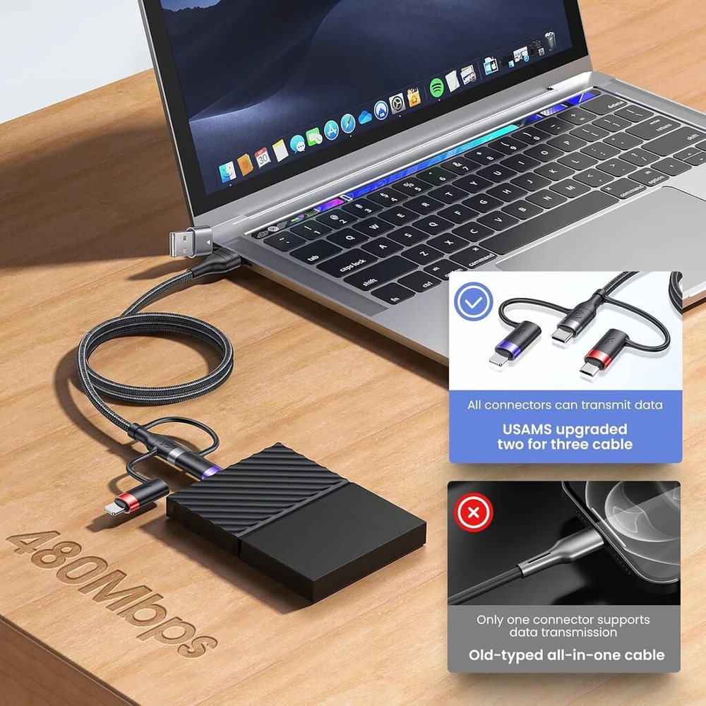 Universalus 6-in-1 Usb-c įkrovimo laidas, 60w, 2m, pilkas