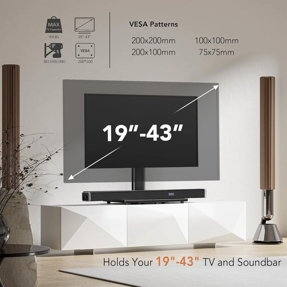 Laikiklis Universalus reguliuojamo aukščio tv stovas 19-43 colių televizoriams, lcd led plokščiaekranis tv stovo priedas vesa 200 x 200, stalo stovas / juodas, išlaiko iki 45 kg
