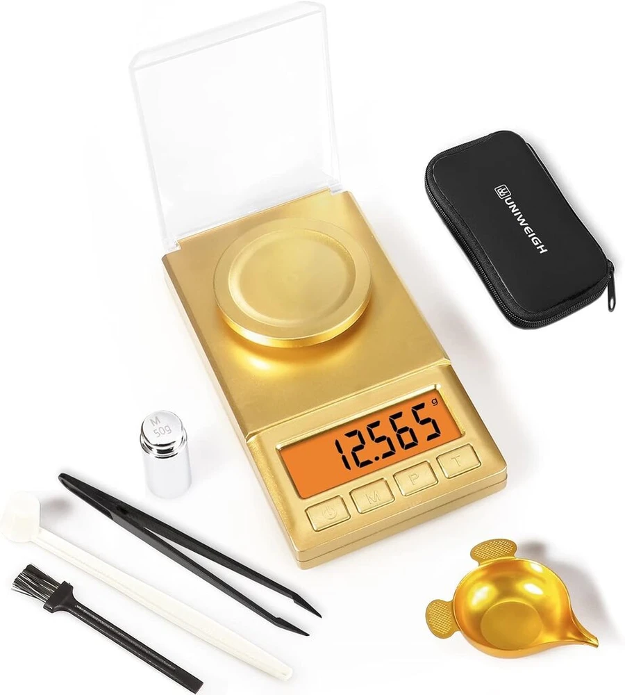 Uniweigh Precision svarstyklės 0.001g/50g, skaitmeninės miligraminės svarstyklės, juvelyrinės svarstyklės, įkraunamos laboratorinės svarstyklės, aukso svarstyklės, mg svarstyklės su 50g kalibravimo svoriu, pincetas, šepetėlis, svėrimo lėkštelė, baterijos