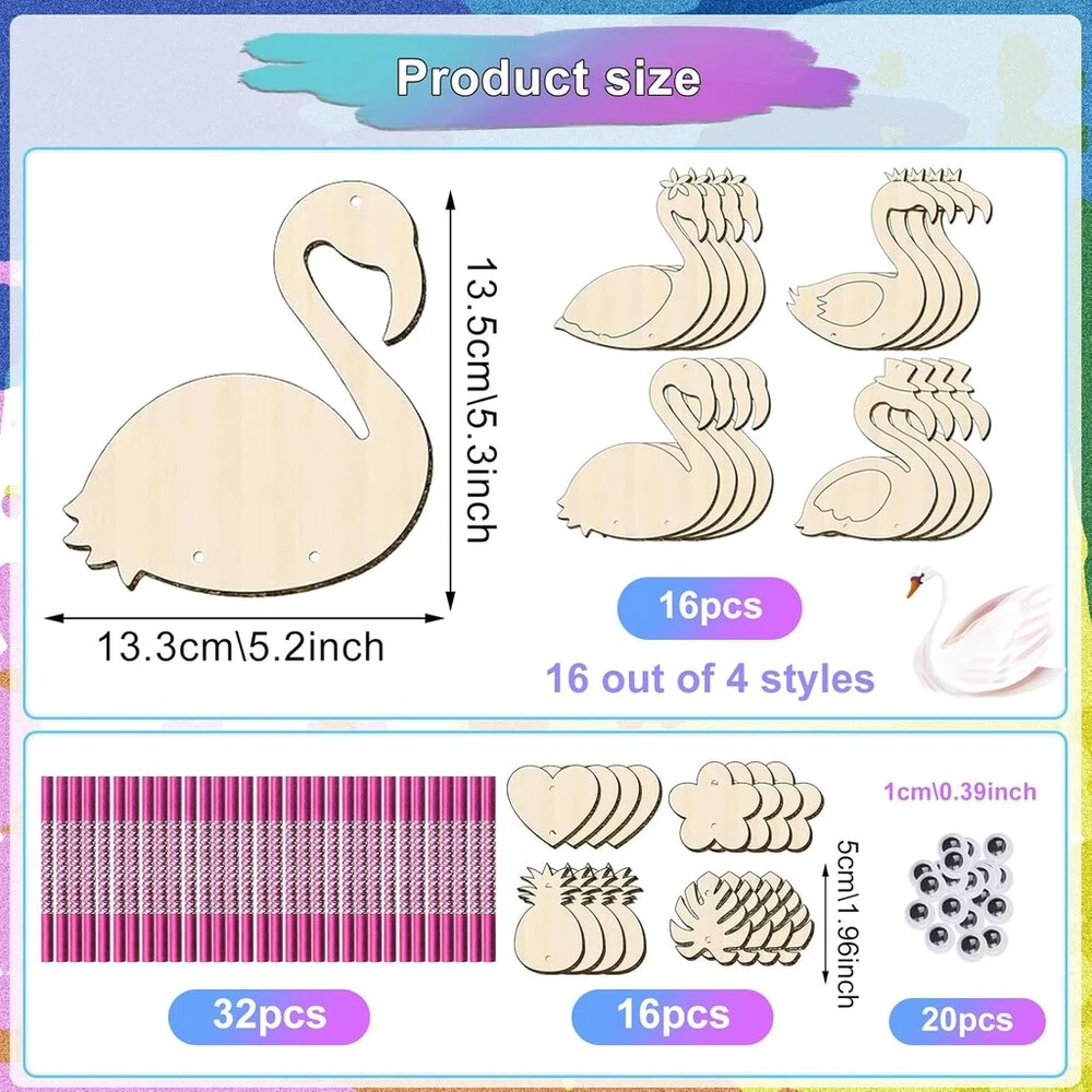 Uoy Flamingo vėjo varpelių rinkinys, 16 dalių medinis vėjo varpelių rinkinys vaikams, skirtas dažyti flamingo, mediniai vaikiški vėjo varpeliai mergaitėms ir berniukams, gimtadienio dovana