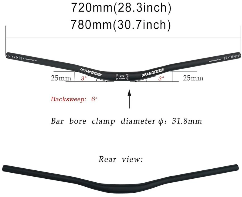 Upanbike φ31.8mm mtb kalnų dviračio itin ilgas vairas 780mm pakeltas vairas (780mm, juodas)