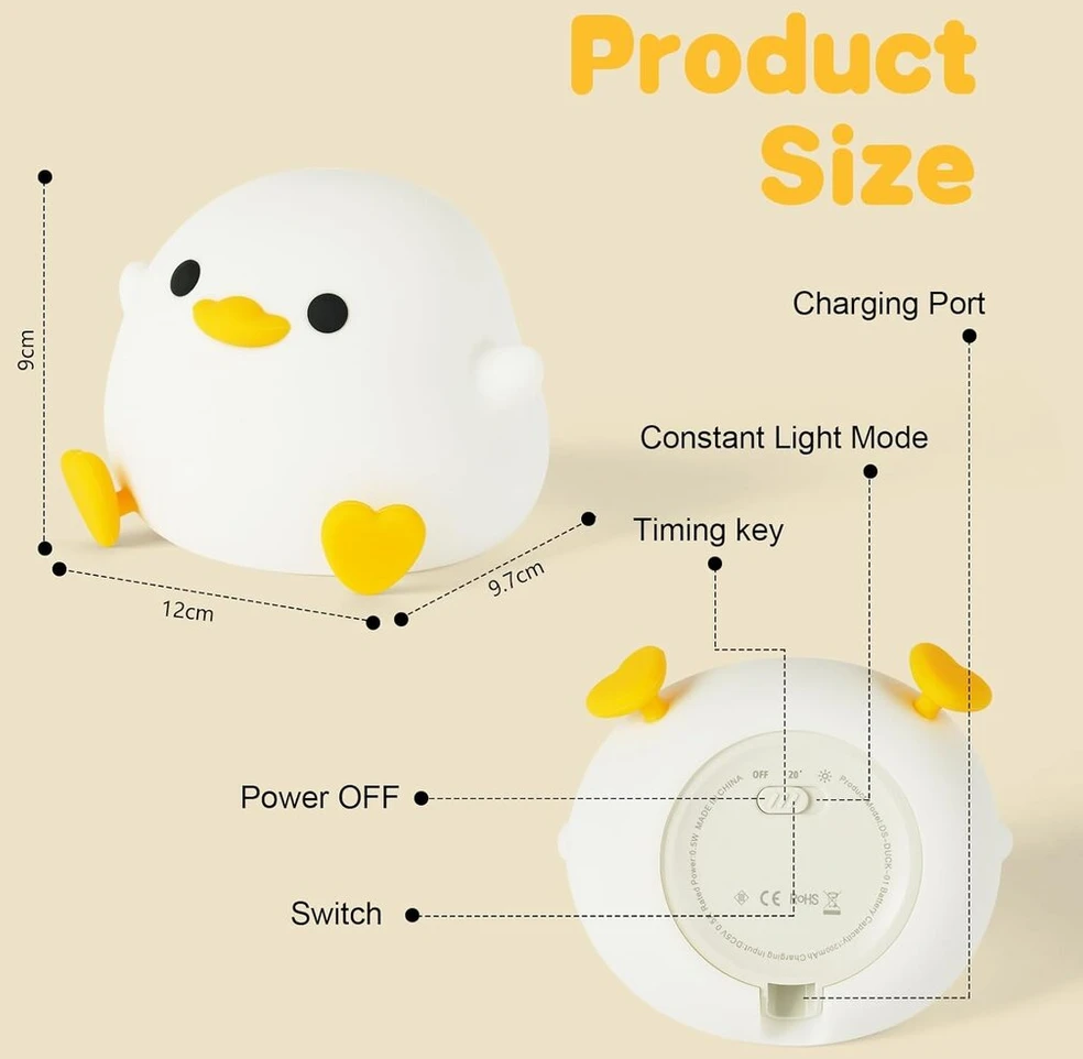 Uraqt led silikoninė naktinė lemputė vaikams, silikoninė naktinė lempa prie lovos, miela silikoninė naktinė lemputė, valdoma lietimu silikoninė naktinė lemputė kūdikiams, kambario dekoracija, Duck Style