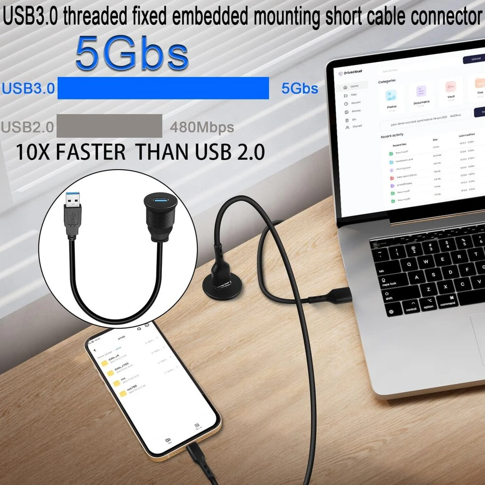Usb 3.0 prailginimo laidas su tvirtinimu, 5gbps, 30cm