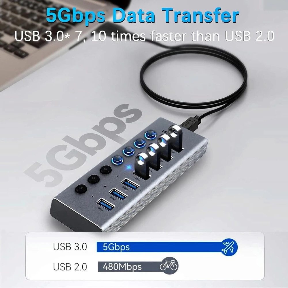 Usb 3.0 šakotuvas, usb 7-in-1 adapteris su aktyviu 3.0 maitinimu, usb 3.0 šakotuvas su 7 usb-a prievadais, 100 cm kabelis, 24 w (12v/2a) maitinimo dokas ir atskiras jungiklis su led indikatoriumi