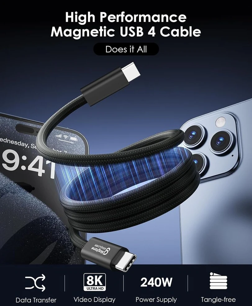 Usb 4 kabelis 240 w, 2 m magnetinis usb c kabelis, palaiko 8k @ 60 hz, 4k @ 144 hz ekraną, 40 gbps duomenų perdavimas, usb c į usb c kabelis, skirtas phone 15pro/15promax, mac_books, usb c hub dokas