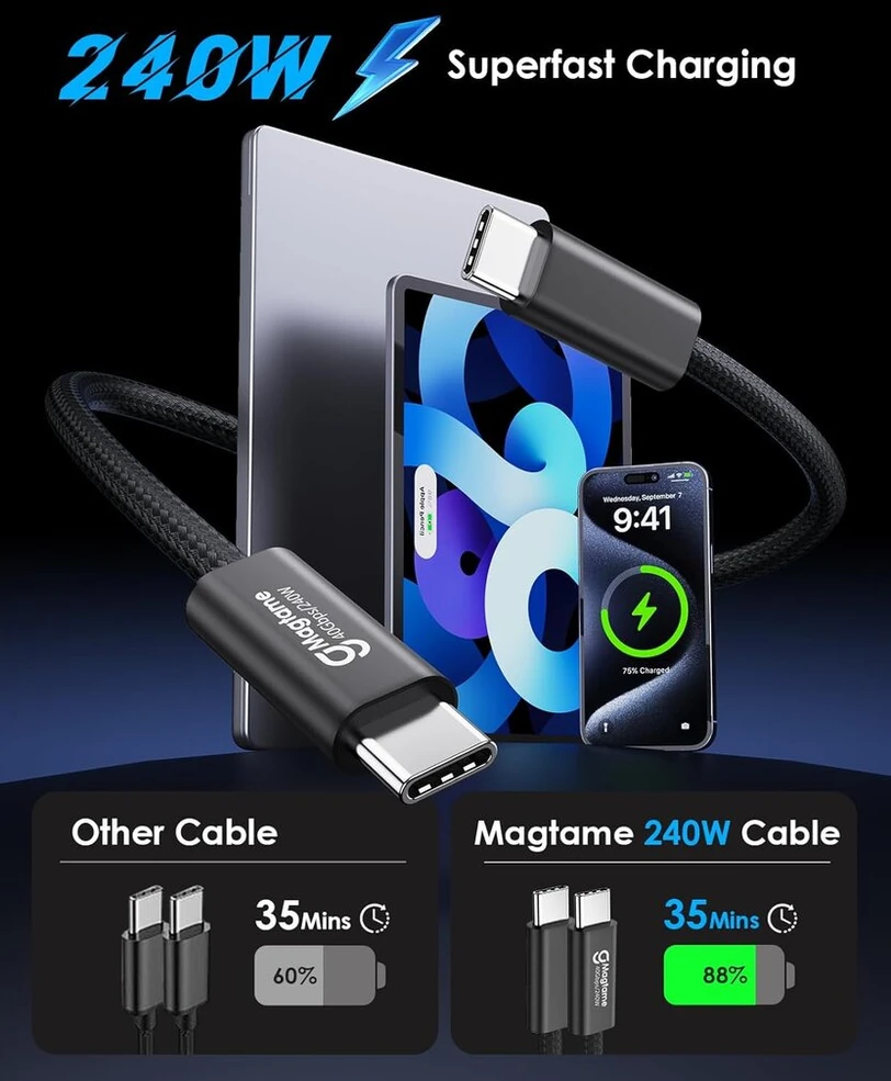 Usb 4 kabelis 240 w, 2 m magnetinis usb c kabelis, palaiko 8k @ 60 hz, 4k @ 144 hz ekraną, 40 gbps duomenų perdavimas, usb c į usb c kabelis, skirtas phone 15pro/15promax, mac_books, usb c hub dokas
