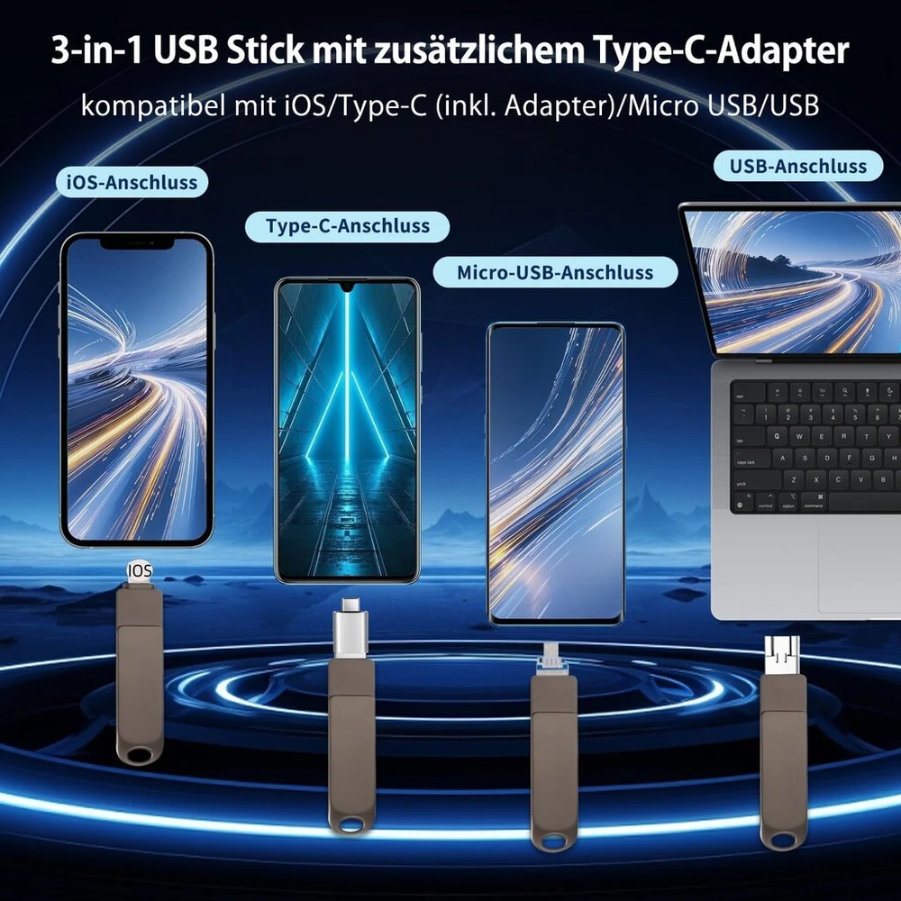 Usb atmintinė 512 gb 3-in-1 su usb-c adapteriu, išorinė atmintinė telefonui, android, planšetei, pc ir nešiojamam kompiuteriui - greitas duomenų ir nuotraukų atsarginis kopijavimas, suderinama su ios ir android, (juoda)