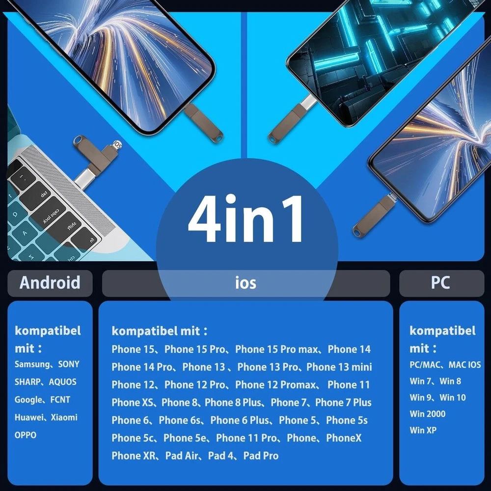 Usb atmintinė 512 gb 3-in-1 su usb-c adapteriu, išorinė atmintinė telefonui, android, planšetei, pc ir nešiojamam kompiuteriui - greitas duomenų ir nuotraukų atsarginis kopijavimas, suderinama su ios ir android, (juoda)