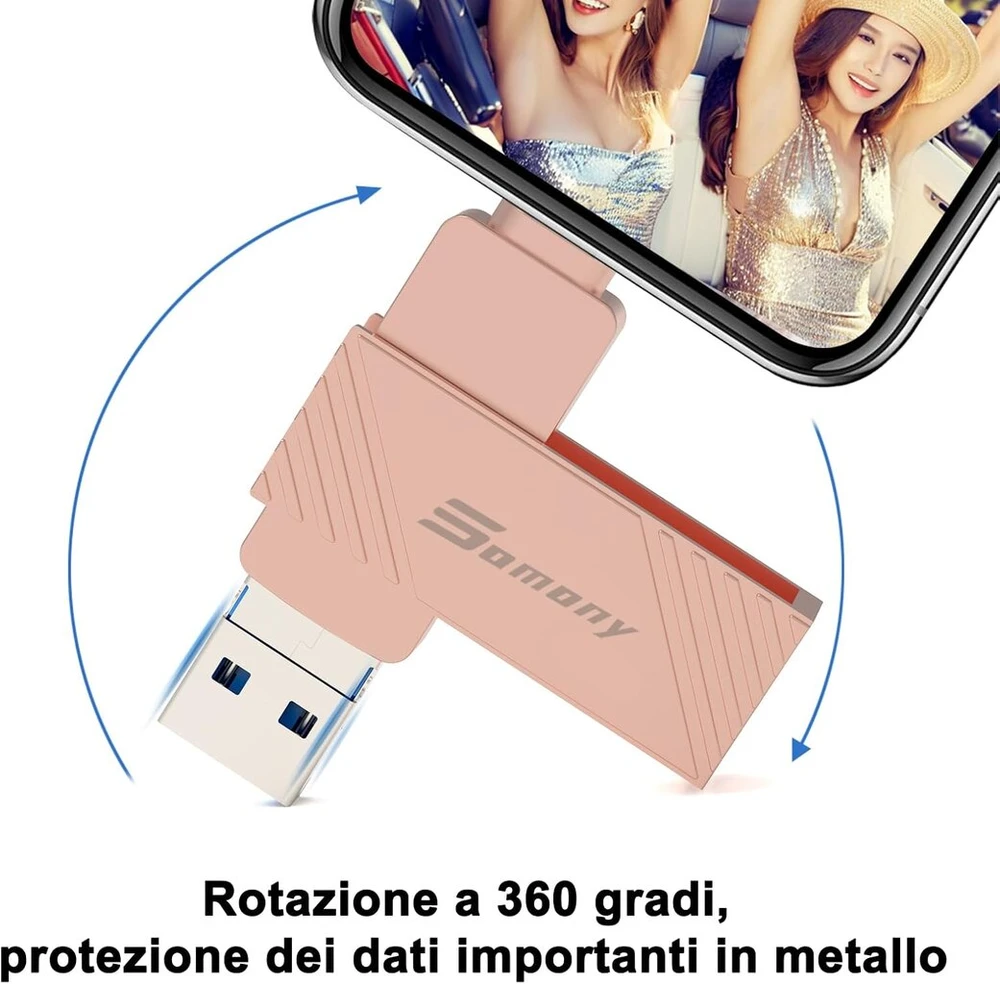 Usb atmintinė, skirta iphone, 4 viename usb 3.0 atmintinė su ios ir usb c, 256 gb somony išorinė atmintis greitam atsarginių kopijų kūrimui, suderinama su iphone/ipad/android/mac/pc (rožinė, 256 gb)