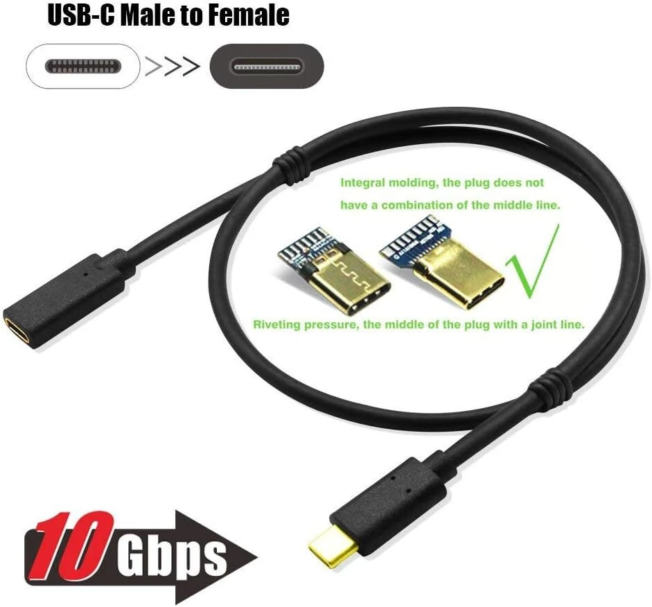 Usb-c 3.1 vyriškas-moteriškas prailginimo laidas, gen 2 (10 gbps) paauksuotas usb c vyriškas-moteriškas kabelio jungtis, perduoda vaizdą, duomenis, garsą, skirtas usb type-c duomenų sinchronizavimo kabeliui - 1m/3ft