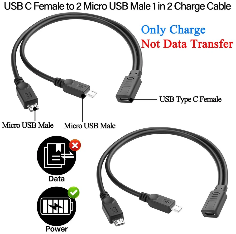 Usb C į 2 Micro Usb Y formos įkrovimo kabelis, 30 cm