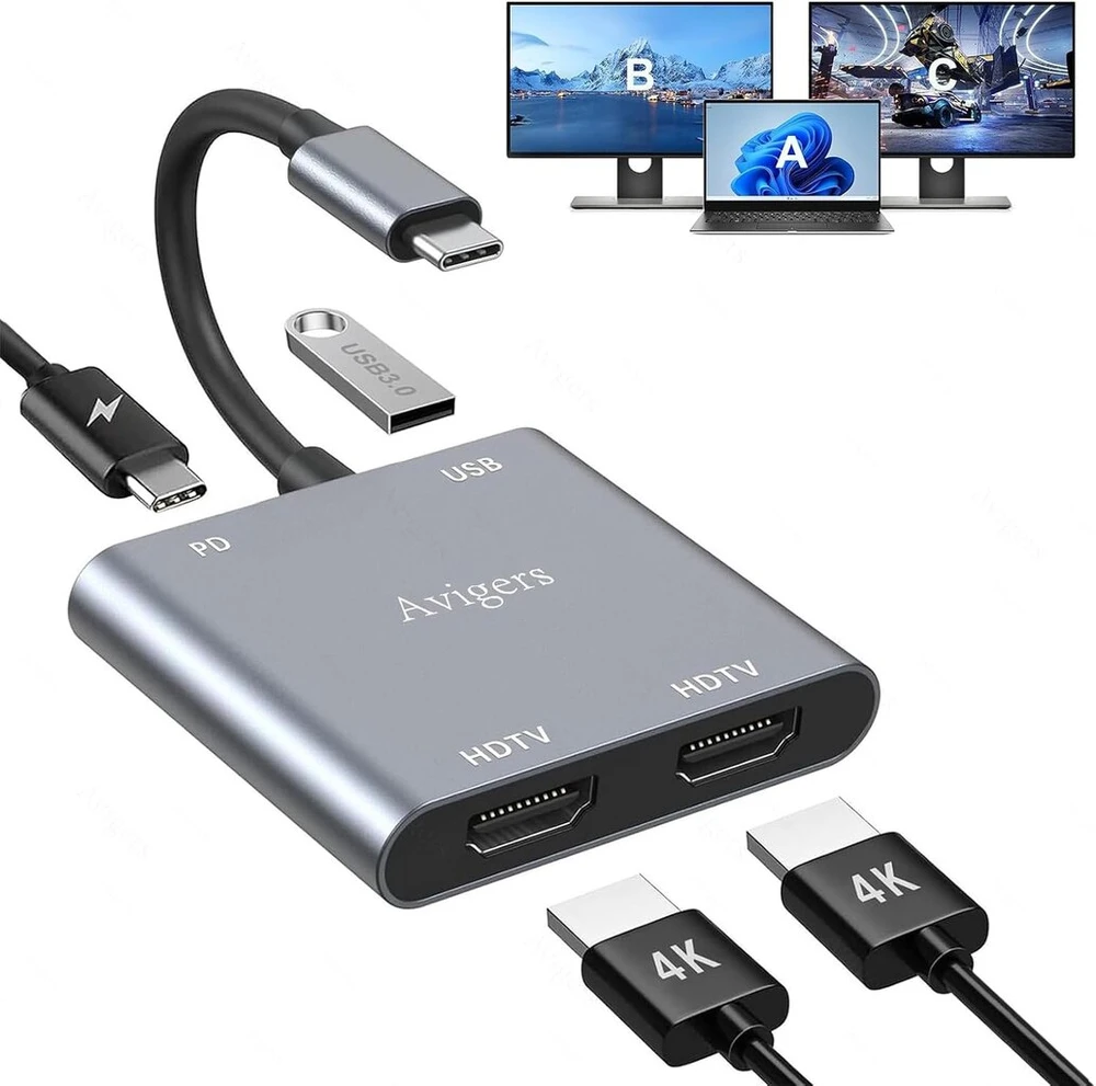 Usb-c į 2x Hdmi adapteris, 4k, 100w Pd, Usb 3.0