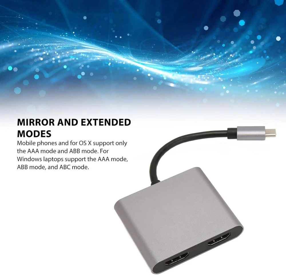 Usb c į dual hdmi adapteris, 4 viename doko stotis su hdmi + usb 3.0 + 100w pd įkrovimo prievadu, 4k@30hz usb c į hdmi keitiklis, palaiko veidrodinį ir išplėstinį režimus, plug and play