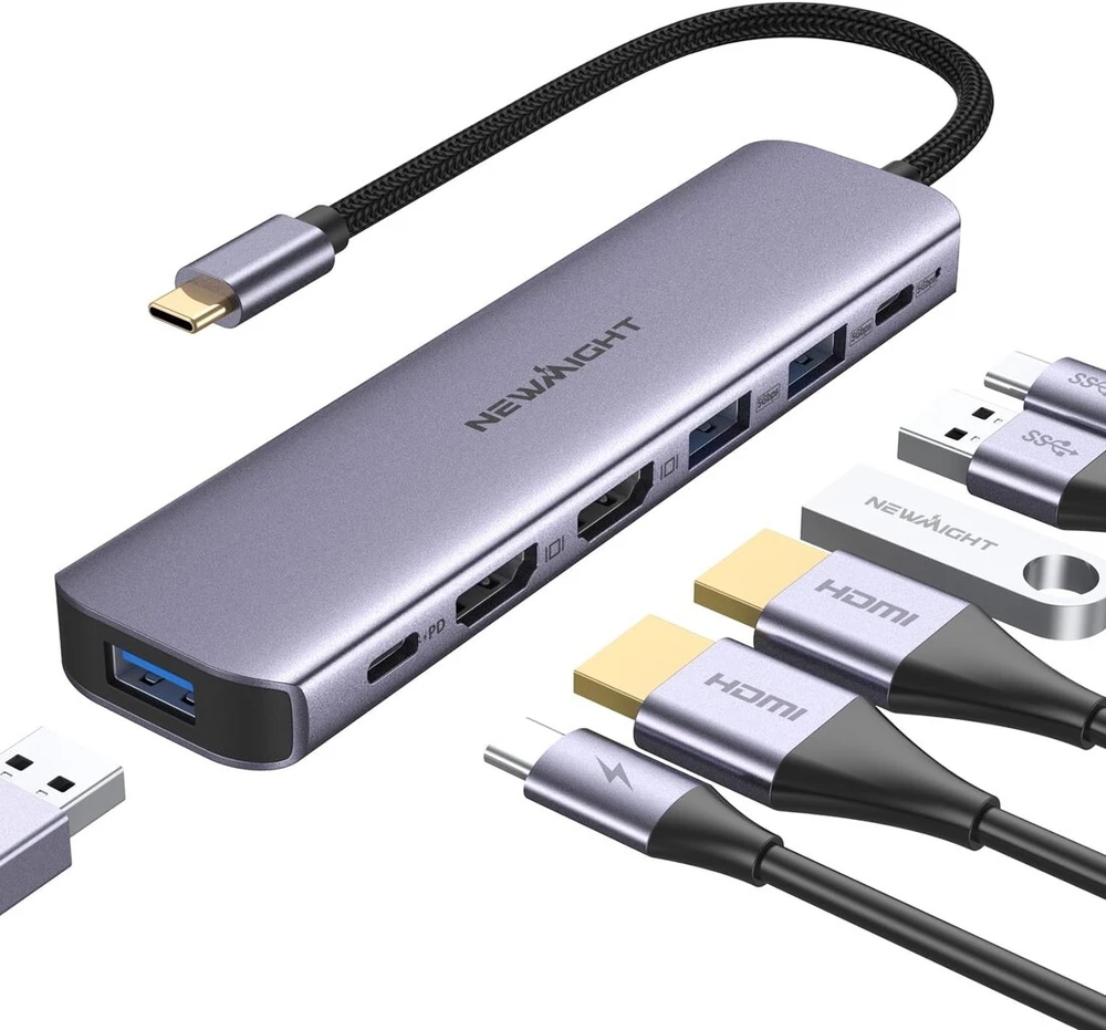 Usb c į dual hdmi adapteris, Newmight 7 viename usb c dokas su dviem monitoriais, 2 hdmi, 3 usb3.0, 100w pd, usb c 3.0 jungtimis, suderinamas su Dell, hp, iphone 15 serija