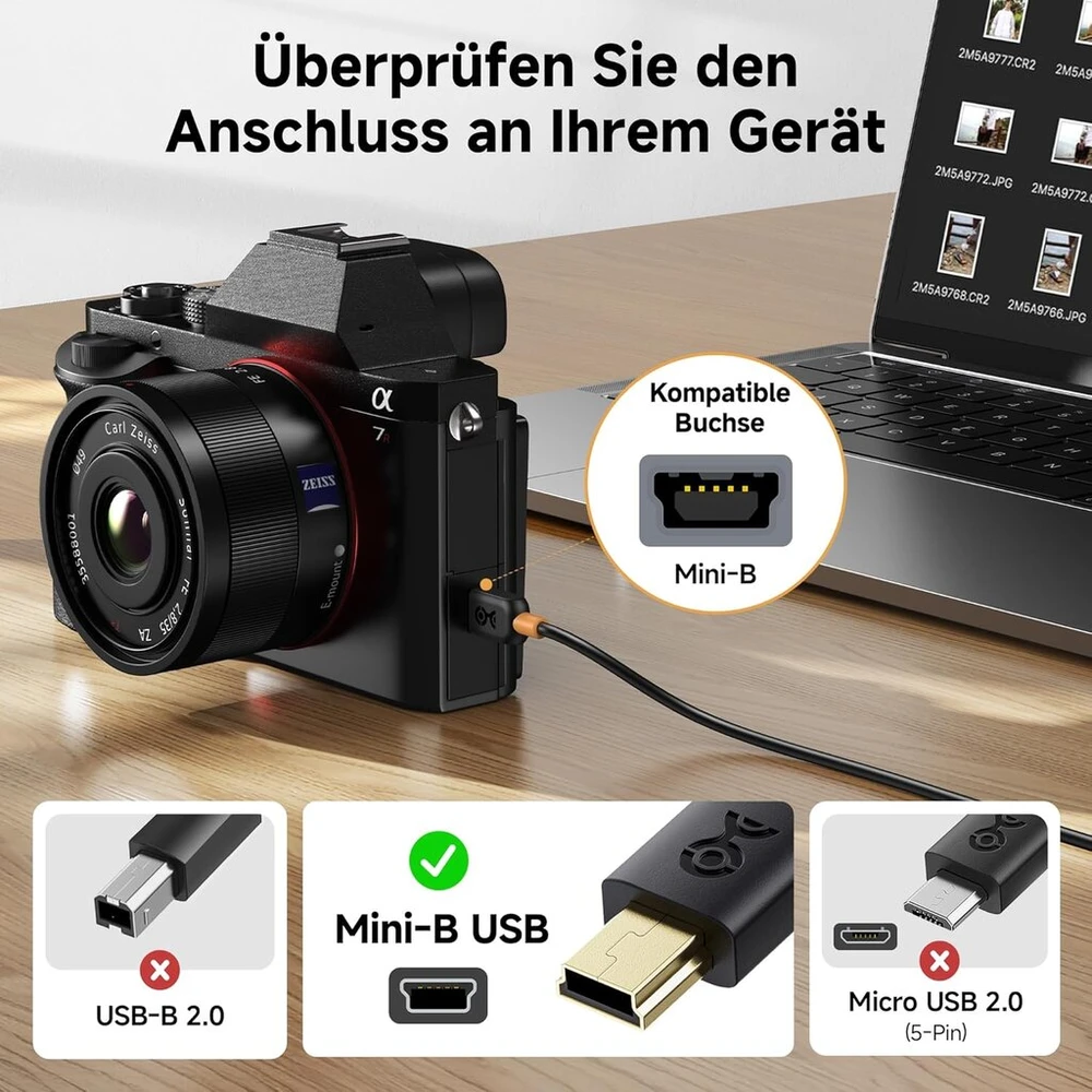 Usb-c į Mini Usb kabelis, 2m, juodas