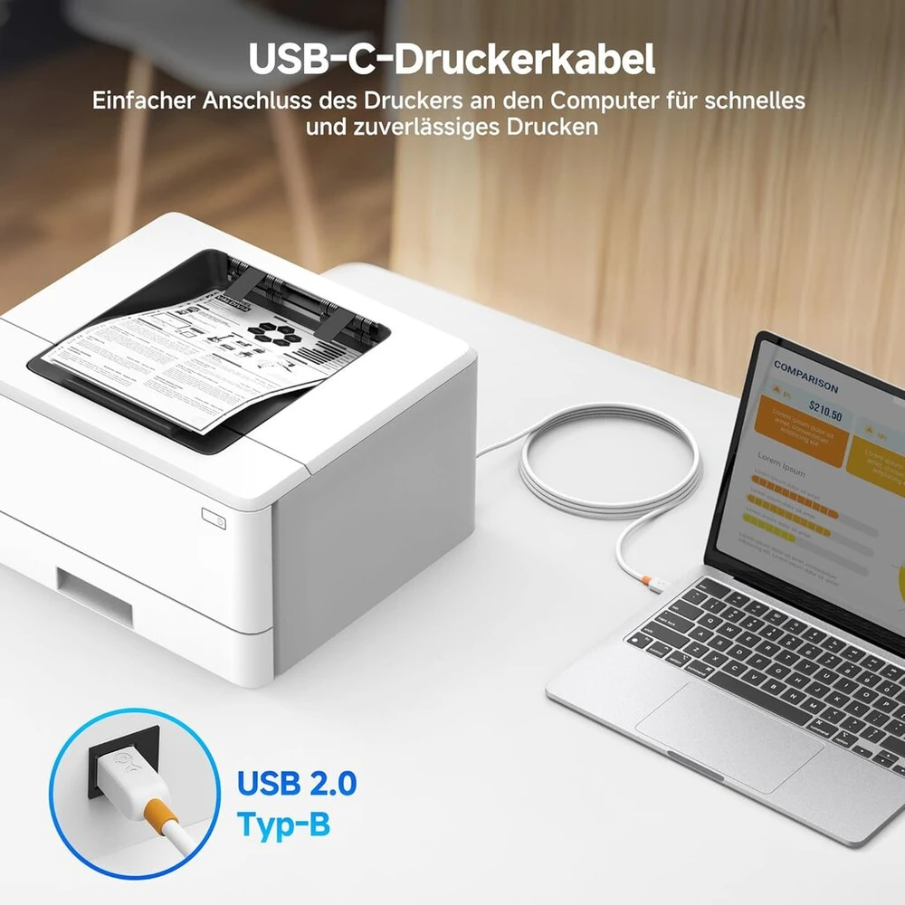 Usb C į Usb B Kabelis 2m Baltas