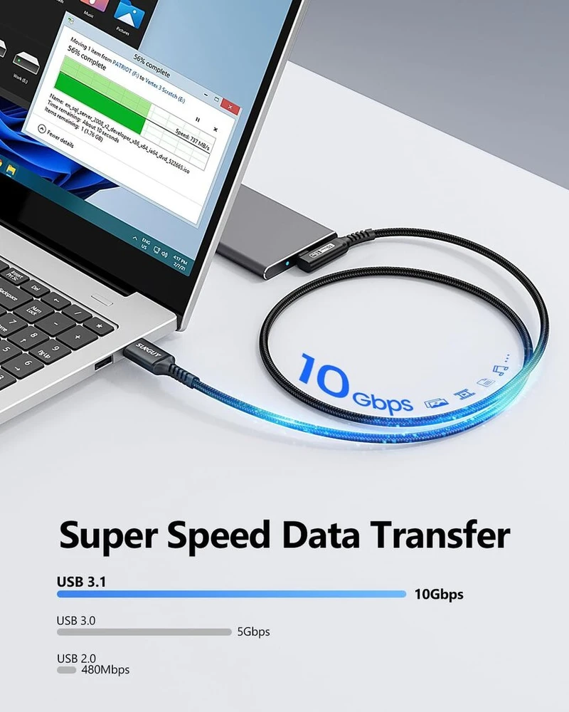 Usb C Kampinis Kabelis 1.5m, 10 Gbps, Usb 3.1 Gen 2