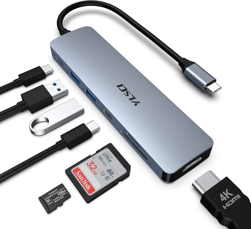 Usb-c šakotuvas 7-in-1 su Hdmi, 100w Pd, 2x Usb-a 3.0, Usb-c 3.0, Sd/tf